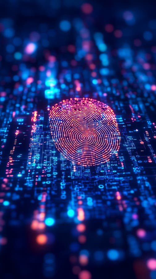 Digital fingerprint hologram glowing in red and blue on a futuristic data grid royalty free illustration