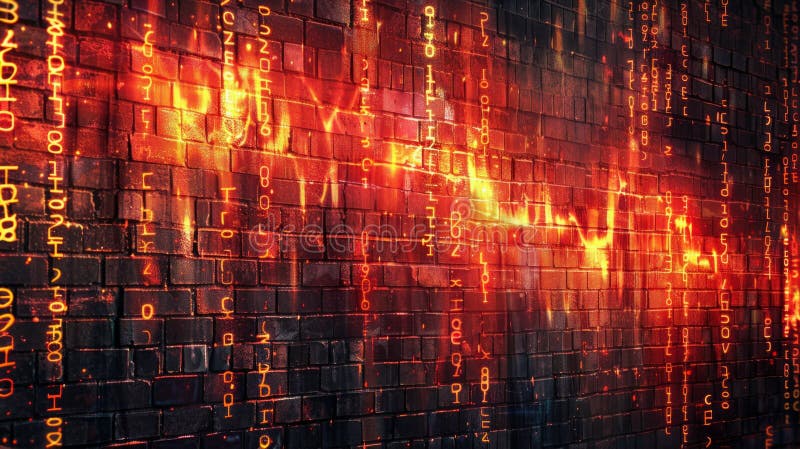 Firewall digital ca un zid de cărămidă în flăcări. Vizualizarea dinamică a unui perete de cărămidă cu flăcări digitale și secvențe de codificare reprezentând un firewall solid și sigur în spațiul cibernetic. generate de