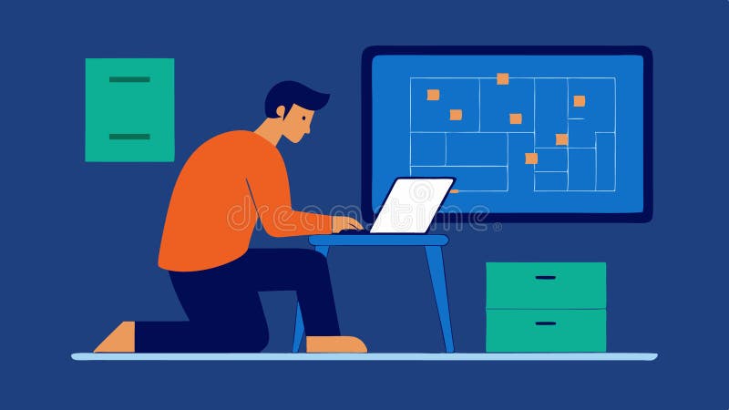 Digital Floor Plan A designer creating a floor plan on a laptop using software to measure and arrange furniture layouts stock illustration