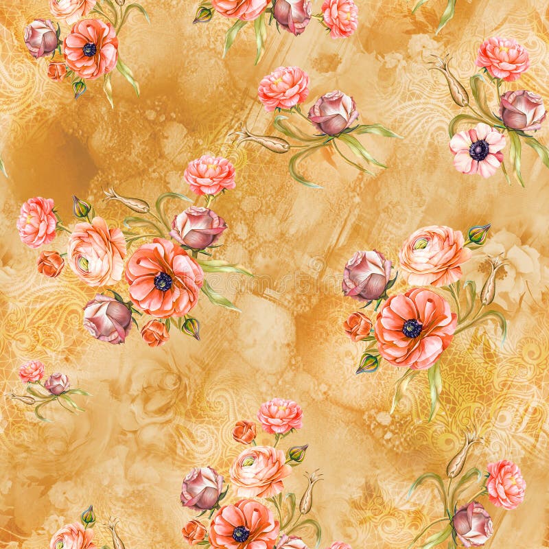 Digital Flower Pattern - Textile Design Yellow Background stock illustration
