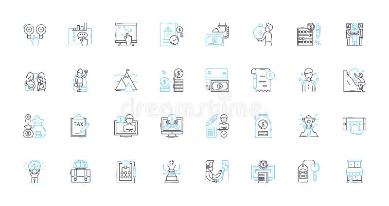 Digital funding linear icons set. Crowdfunding, Cryptocurrency, Blockchain, Fintech, Peer-to-peer, Mobile payments vector illustration