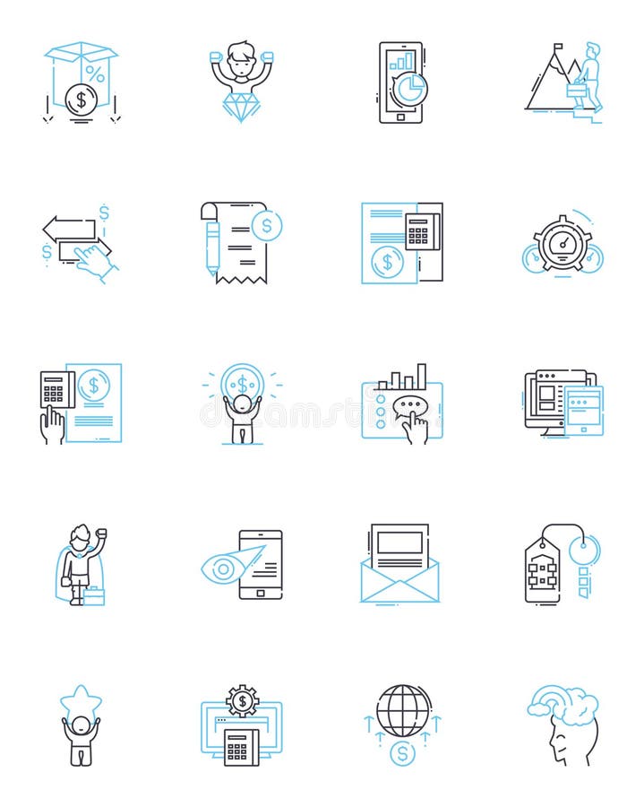 Digital funding linear icons set. Crowdfunding, Cryptocurrency, Blockchain, Fintech, Peer-to-peer, Mobile payments stock illustration