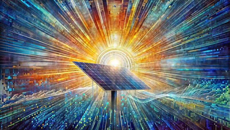 Digital Fusion: Solar Panels Amidst Geometric Vortex, generative ai stock illustration