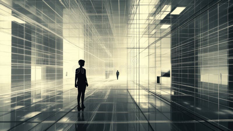 Digital gallery features virtual artworks and avatars navigating a futuristic corridor filled with glowing lines and royalty free stock images