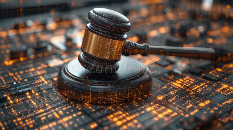 professional digital illustration showing judge using tablet with interactive legal principle visualization overlaid on case documents