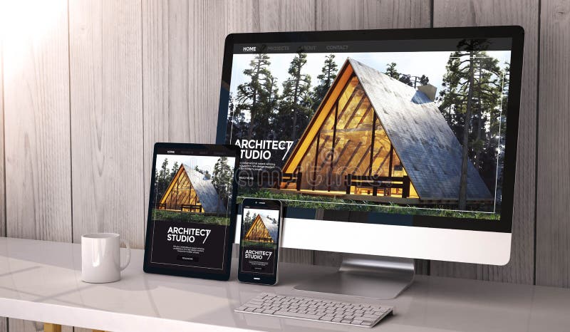 Devices responsive on workspace architect website design royalty free illustration