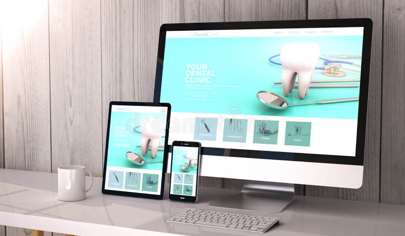 Digital generated devices on desktop, responsive dental clinic website design on screen. All screen graphics are made up. 3d royalty free stock photos Digital generated devices on desktop, responsive dental clinic website design on screen. All screen graphics are made up. 3d royalty free stock photos