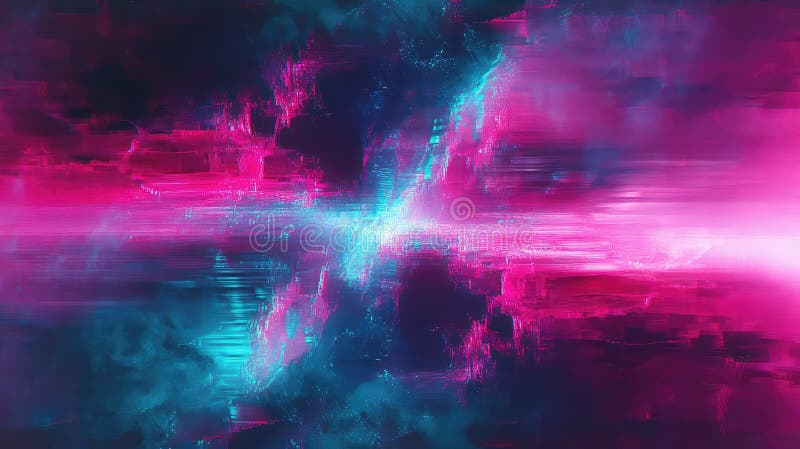 Digital glitch art creating abstract neon light shapes stock illustration