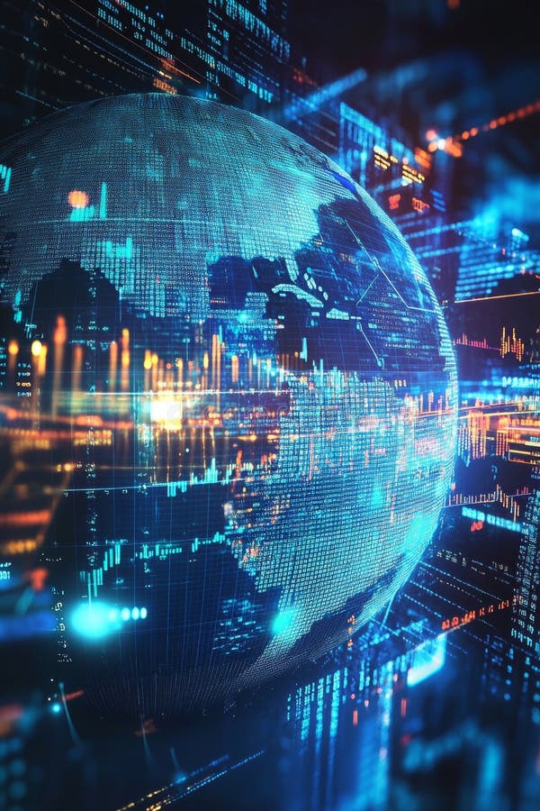 Digital Global Network Visualization with Earth and Data Flow in Futuristic Colorful Background vector illustration