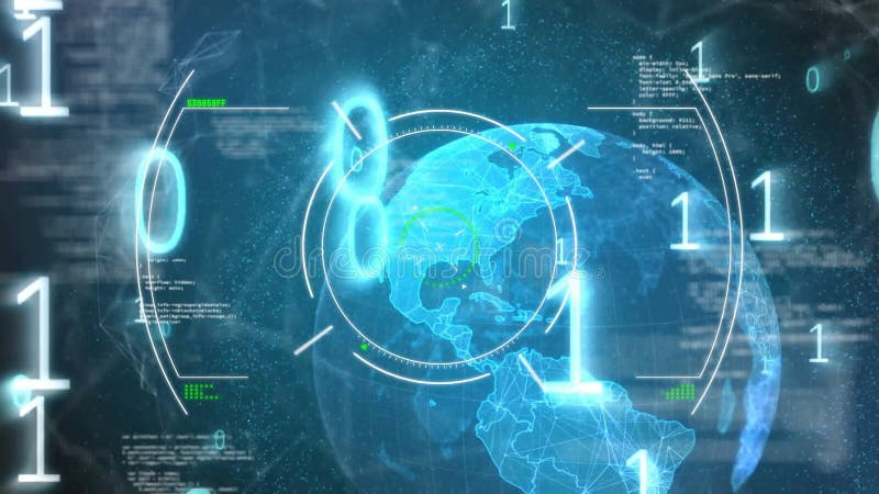 Digital globe with binary code processing data animation in blue background. Technology, coding, cyber, global. Binary coding data processing video