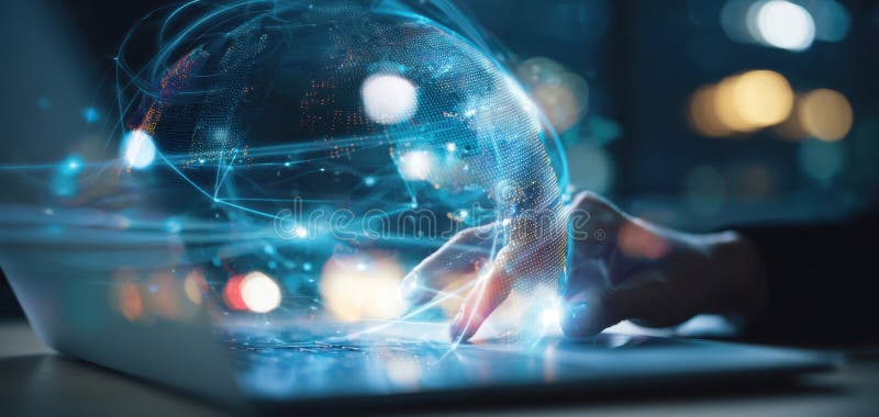 The digital globe illuminated by technology in a modern workspace environment. image stock image.