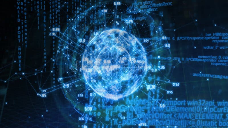 Digitaler Globus umgeben von binärem Code und Animationen zur Datenverarbeitung. Technologieinnovationsnetz Internetverbindung futuristisch.