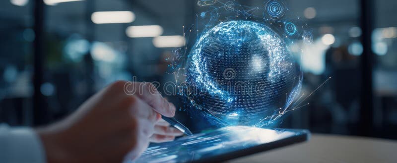 The digital globe visualization displayed on a tablet in a modern workspace. image stock photo.