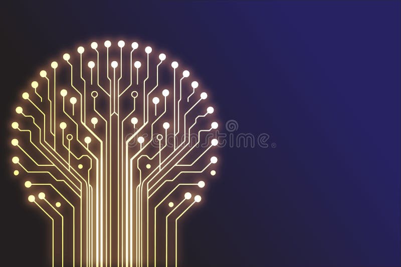 Digital glowing circuit tree symbolizing neural network artificial intelligence and modern technology concept in a futuristic royalty free illustration