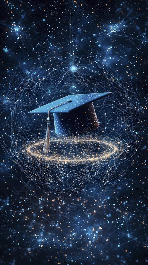 Digital graduation cap enveloped by luminous sphere vector illustration
