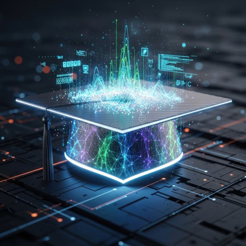 Digital graduation cap with glowing network and data visualization on a circuit board background stock illustration