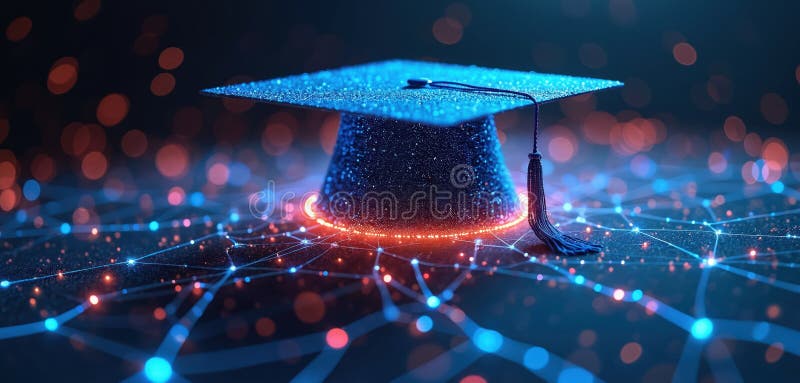 Digital graduation cap glows on connected data grid. Future of online learning, education tech. Worldwide network expansion stock illustration