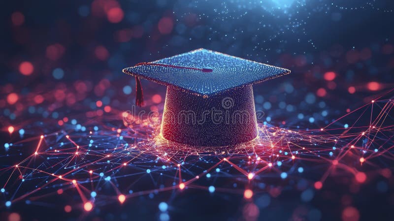 Digital graduation cap with network background glow. vector illustration