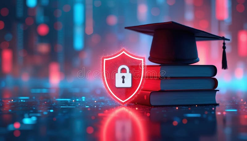 Digital graduation cap rests on stacked books beside glowing shield with lock symbol. Abstract glowing circuit board patterns in stock illustration