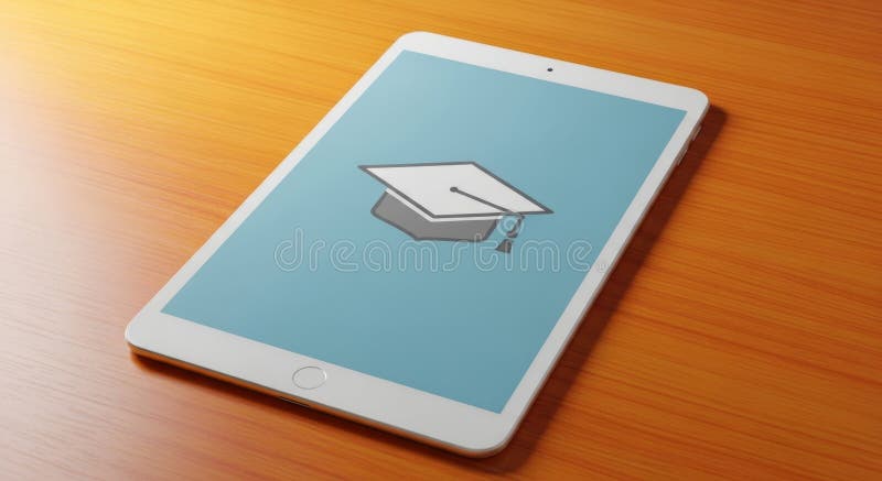 Digital graduation cap on tablet screen symbolizing online education and e-learning success vector illustration
