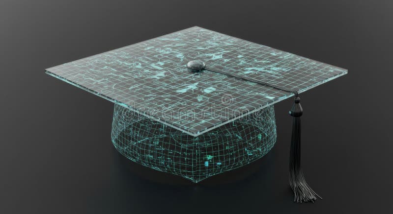 Digital Graduation Cap with Teal Glowing Data vector illustration