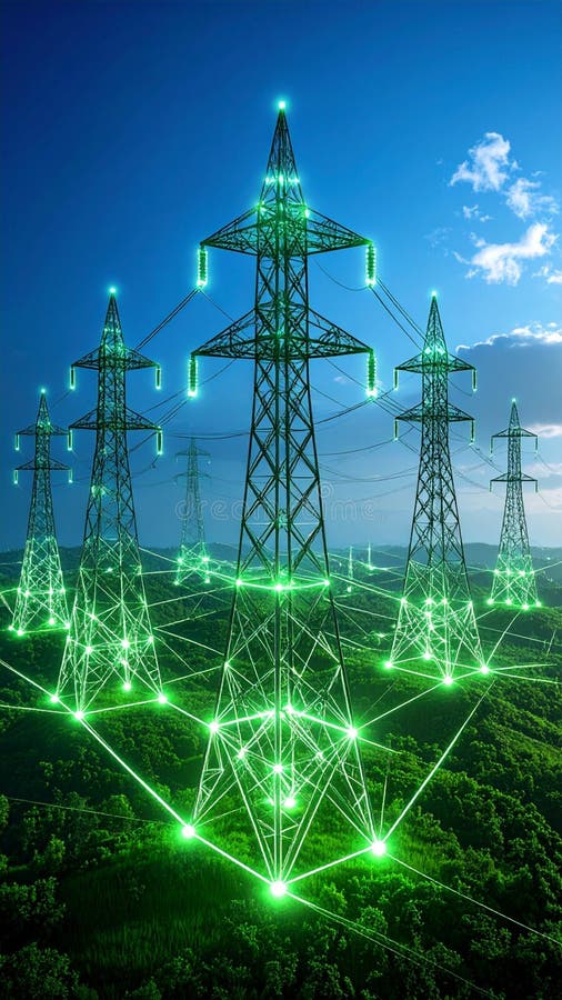 Digital grid concept with illuminated power lines and pylons over a green landscape. Illuminated pylons stock images, royalty-free photos and pictures