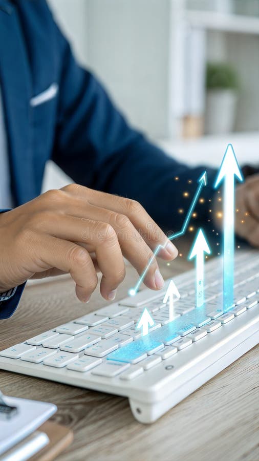 Digital growth concept with 3D arrow emerging from keyboard. Professional hand in blue suit interacting with futuristic UI. stock illustration