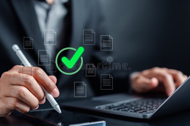 Digital Guarantee Approvement , business checking quality assurance QA or QC management, certification Standardization stock photos