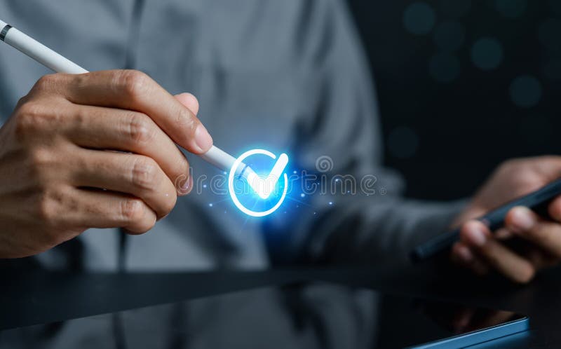 Digital Guarantee Approvement , business checking quality assurance QA or QC management, certification Standardization stock photography