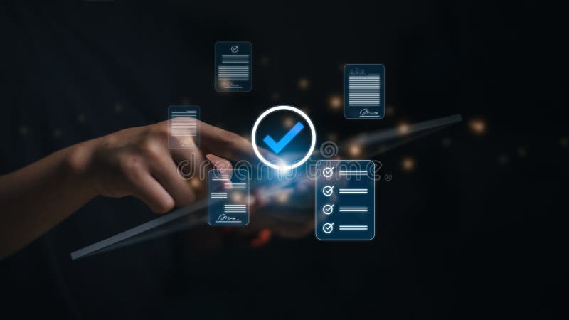 Digital Guarantee Approvement , business checking quality assurance QA or QC management, certification Standardization stock photo