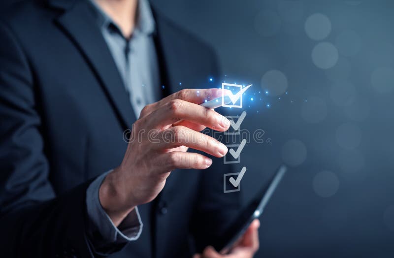 Digital Guarantee Checkmark, business checking quality assurance QA or QC management, certification Standardization, certification stock photo