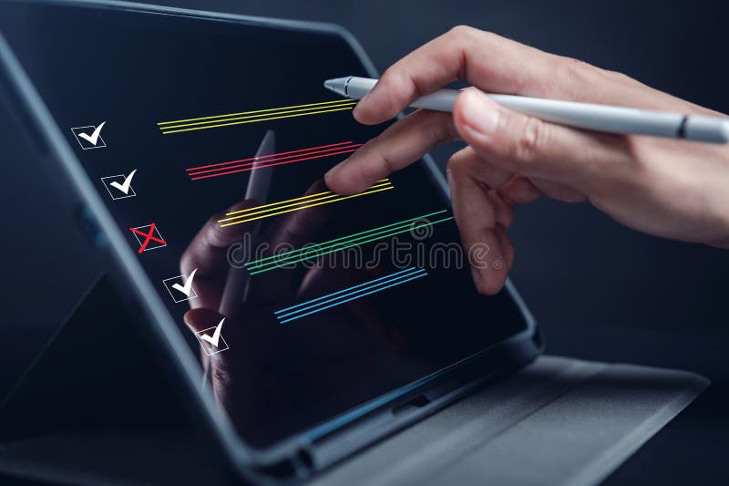 Digital Guarantee Checkmark, business checking quality assurance Standardization, certification. Compliance to regulations service stock image