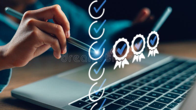 Digital guarantee Checkmark, Business quality checking, and Standard assurance. Standardization certification. Hand touch checks royalty free stock photos