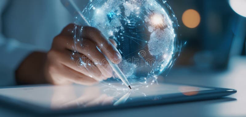 The digital hand interacting with a glowing globe on a tablet screen. image royalty free stock photography.