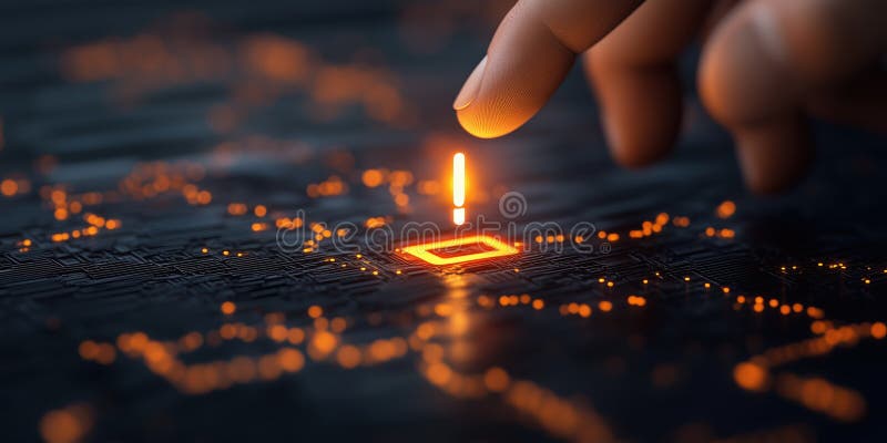 Digital hand interacts with glowing circuit board, symbolizing innovation and technology royalty free illustration