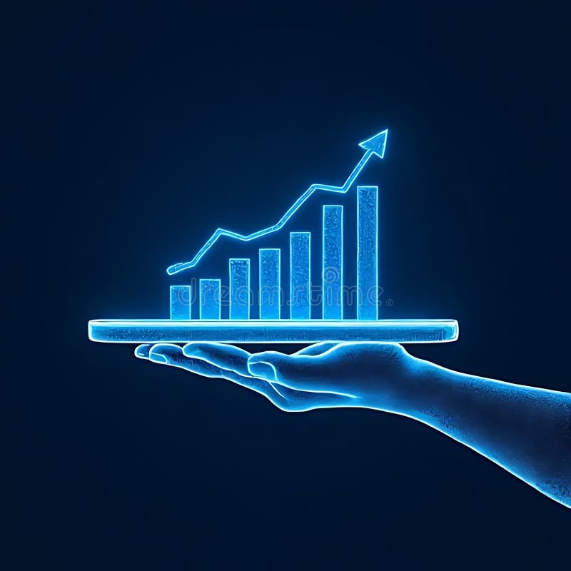 A digital hand presents a glowing, rising graph vector illustration