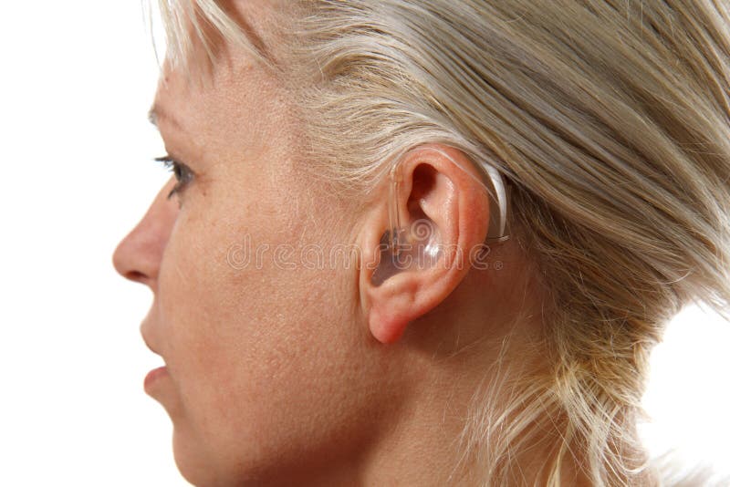 Digital Hearing Aid in Woman`s Ear Stock Photo Image of care