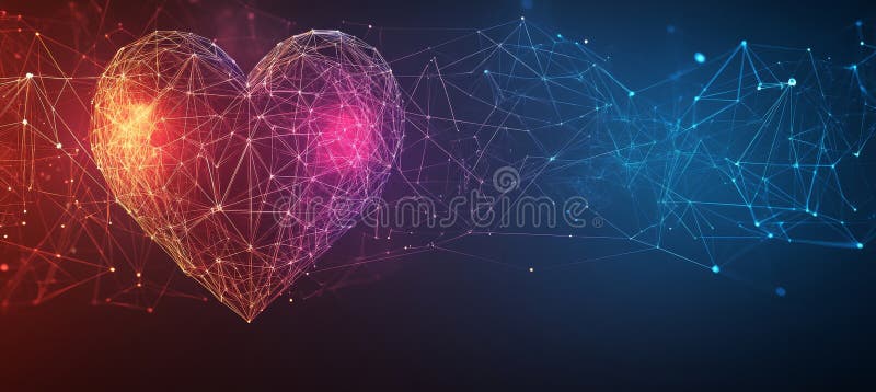 Digital Heart on Red Technology Background, Abstract Geometric, Artificial Intelligence. royalty free illustration