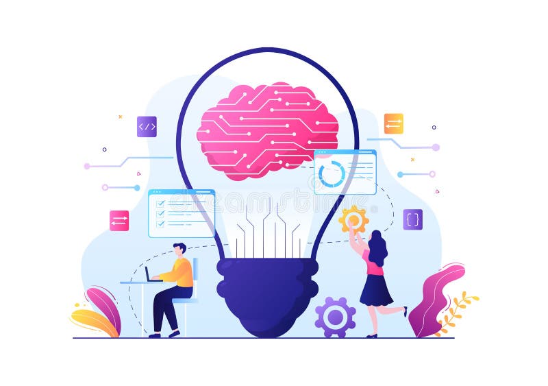Digital hjärnteknik och teknik med artificiell intelligens och teknik med programmeringsdata eller system i vetenskapligt sammanha stock illustrationer
