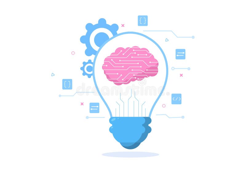 Digital hjärnteknik och teknik med artificiell intelligens och teknik med programmeringsdata eller system i vetenskapligt sammanha stock illustrationer