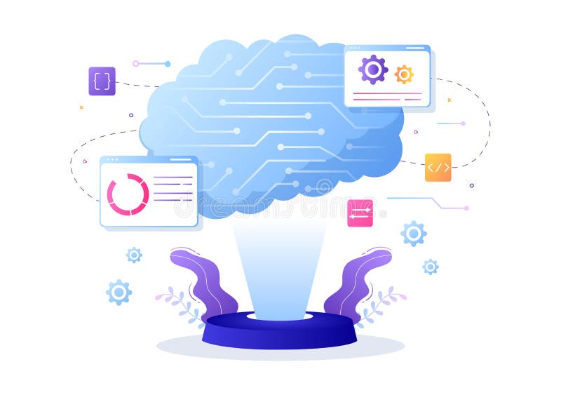 Digital hjärnteknik och teknik med artificiell intelligens och teknik med programmeringsdata eller system i vetenskapligt sammanha stock illustrationer