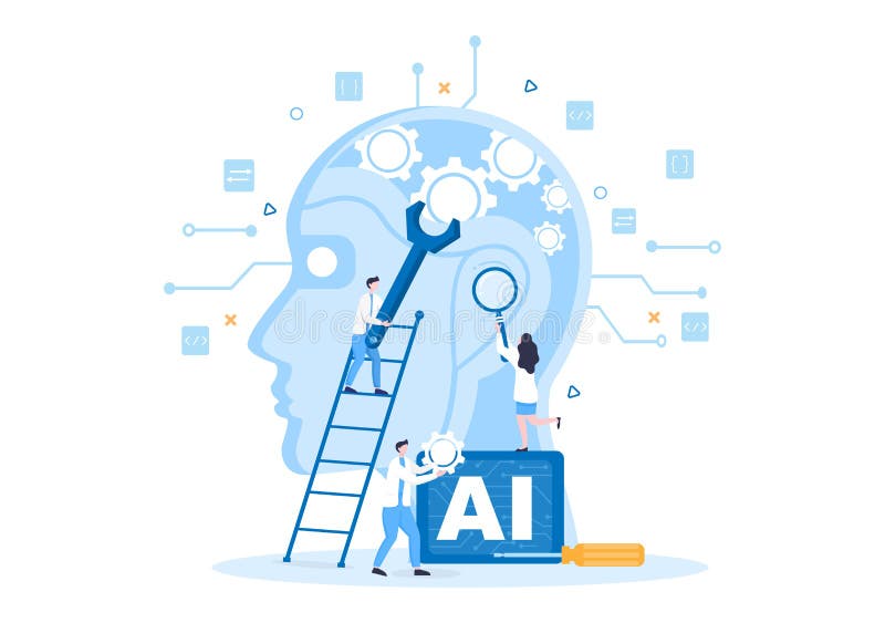 Digital hjärnteknik och teknik med artificiell intelligens och teknik med programmeringsdata eller system i vetenskapligt sammanha royaltyfri illustrationer