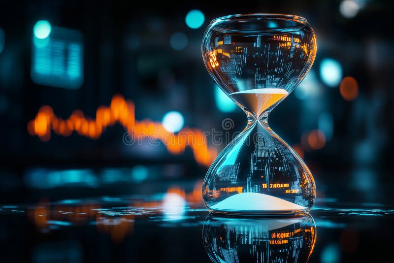 Digital hourglass captures the fluidity of stock market trends in a vibrant setting that blends time with finance stock photography