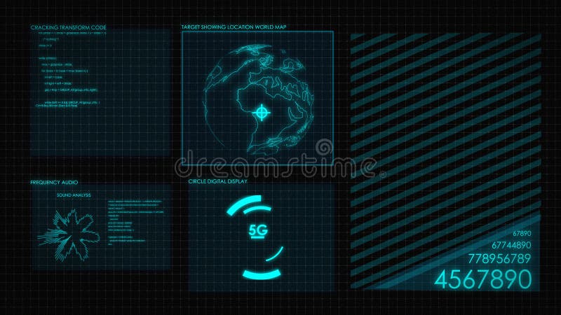 Digital HUD graphic of screen 2D. Futuristic user interface glow GUI digital text and number random element for cyber technology stock photos