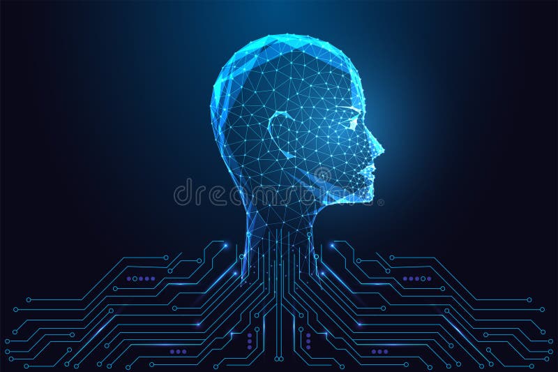 Digital human head with circuit board, artificial intelligence and machine learning concept royalty free illustration