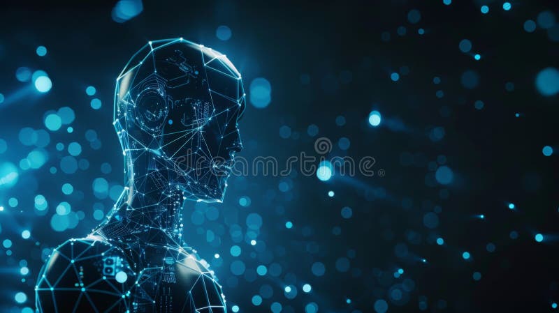 Digital humanoid figure with intricate blue light patterns in a dark, starry background. Futuristic AI technology and stock photo
