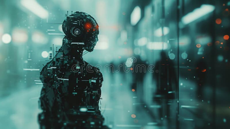 Digital humanoid silhouette in a high-tech city royalty free stock photo