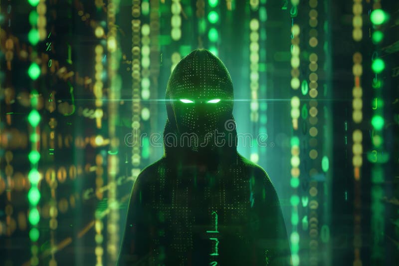 A digital humanoid figure, representing an AI thief, set against a background of binary code and digital symbols stock images