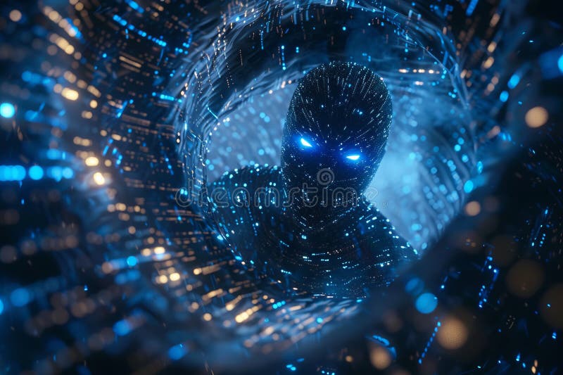 A digital humanoid figure, representing an AI thief, set against a background of binary code and digital symbols. High quality illustration AI generated