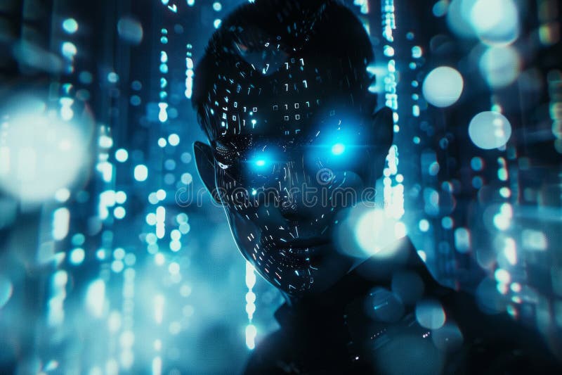 A digital humanoid figure, representing an AI thief, set against a background of binary code and digital symbols royalty free stock photos